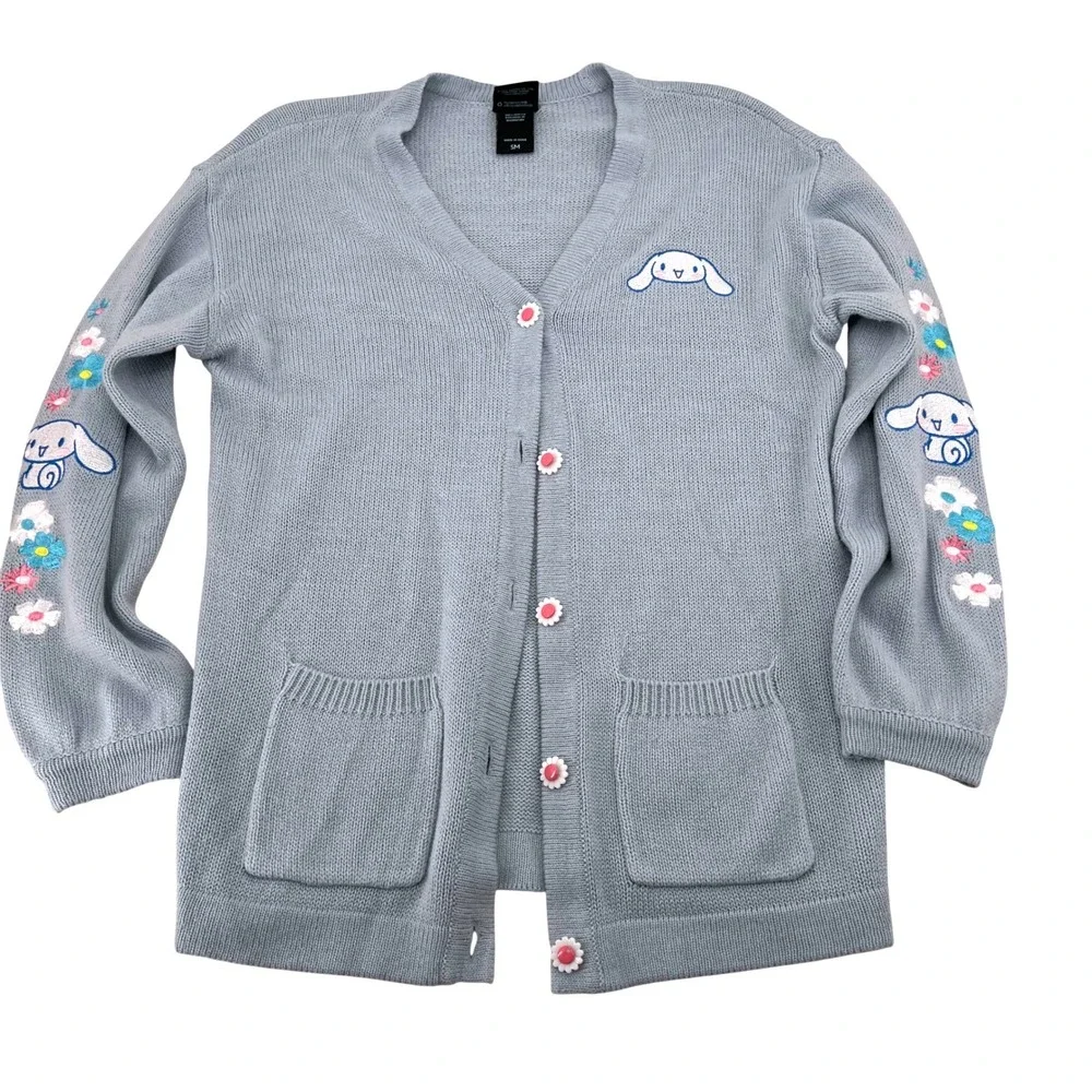 Sanrio Cinnamoroll Blue Knit Cardigan Embroidered Flowers‎ Button Front Women SM
